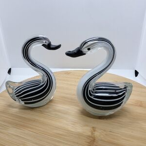 Set of 2 Black and White Art Glass Swans Birds Pair